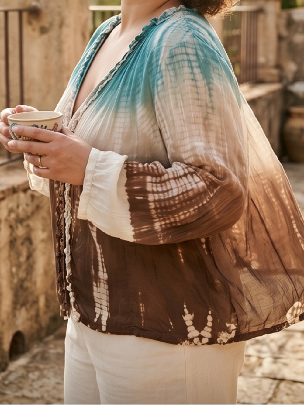 Bohemian Tie-Dye V-Neck Silk Summer Blouse - Blue and Brown